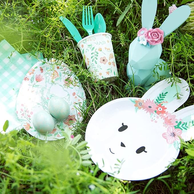 KEPATO Easter Bunny Party Supplies for 16 Guests, 113 Pcs Disposable Tableware Set with Plates, Napkins, Cups, Forks and Spoons for Easter Bunny Birthday Party Decorations