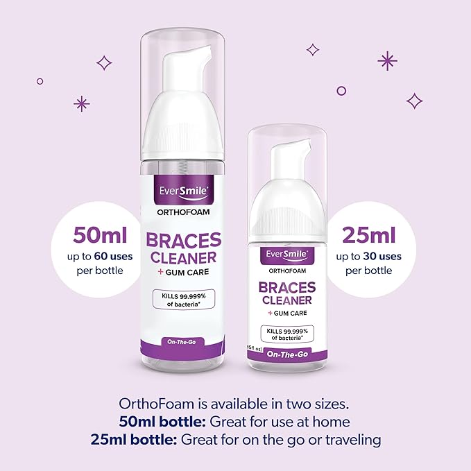 EverSmile OrthoFoam Braces Cleaner — Travel Size – Brushable Foam Whitens Teeth, Eliminates Bacteria, Fights Plaque and Bad Breath – Cleans Under Metal, Ceramic, Clear Brackets and Wires – 25ml