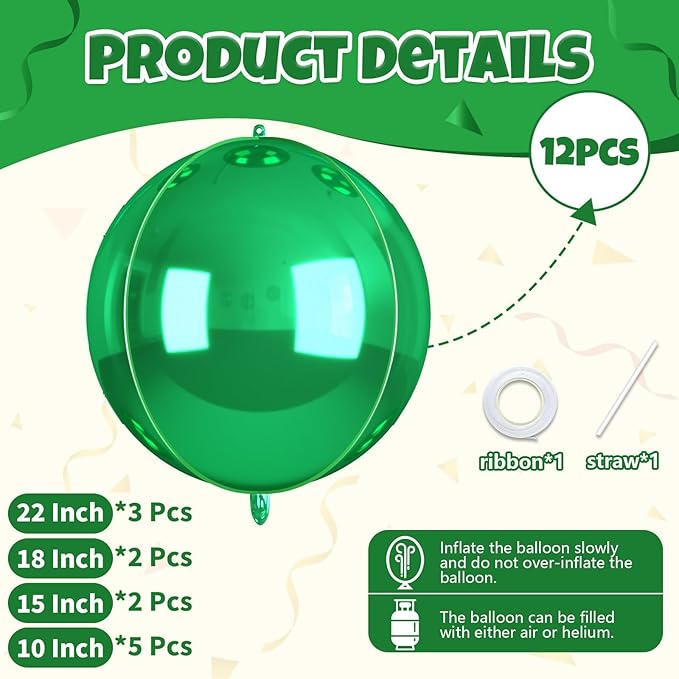 12Pcs Green Round Balloons Foil, 22" 18" 15" 10" 4D Round Ball Balloon, Big Metallic Green Foil Balloons for Baby Shower Wedding Graduations Christmas Safari Jungle Party Decorations Backdrop