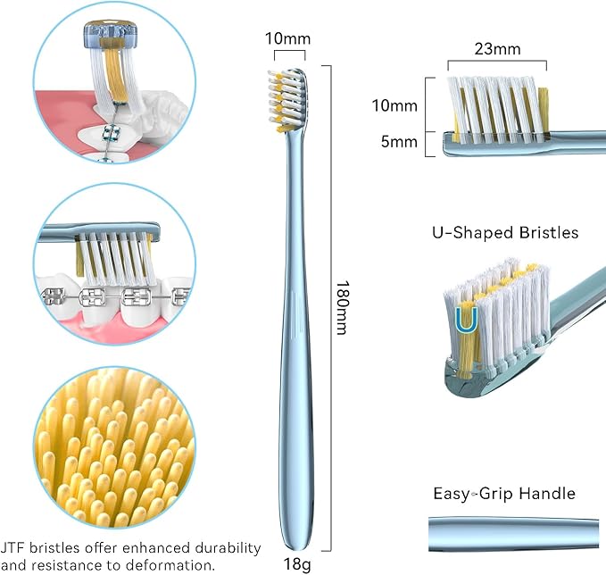 JTF Orthodontic Manual Toothbrush for Braces: 6 U-Shaped Tooth Brush with 6 Interdental Brushes, Ultra-Durable Bristles for Stain Removal and Deep Oral Clean, Toothbrushes for Tooth with Dental Device