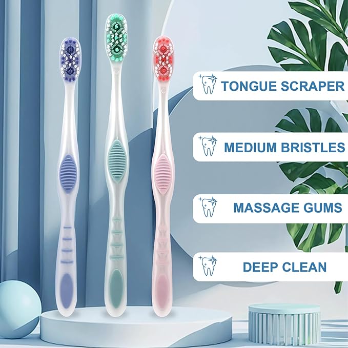Medium Toothbrushes for Adults | Medium Bristles Toothbrush with Tongue Scraper & Ergonomic Handle, Travel Toothbrushes BPA-Free, Adult Toothbrush Pack, Assorted Colors, Pack of 6