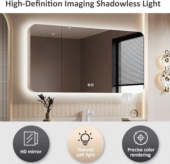 52IN Bathroom Vanity - Bathroom Vanity with Sink with Intelligent Induction Light | Wall-Mounted Bathroom Vanity with Intelligent LED Mirror Cabinet & 6 Drawers, Cream Color