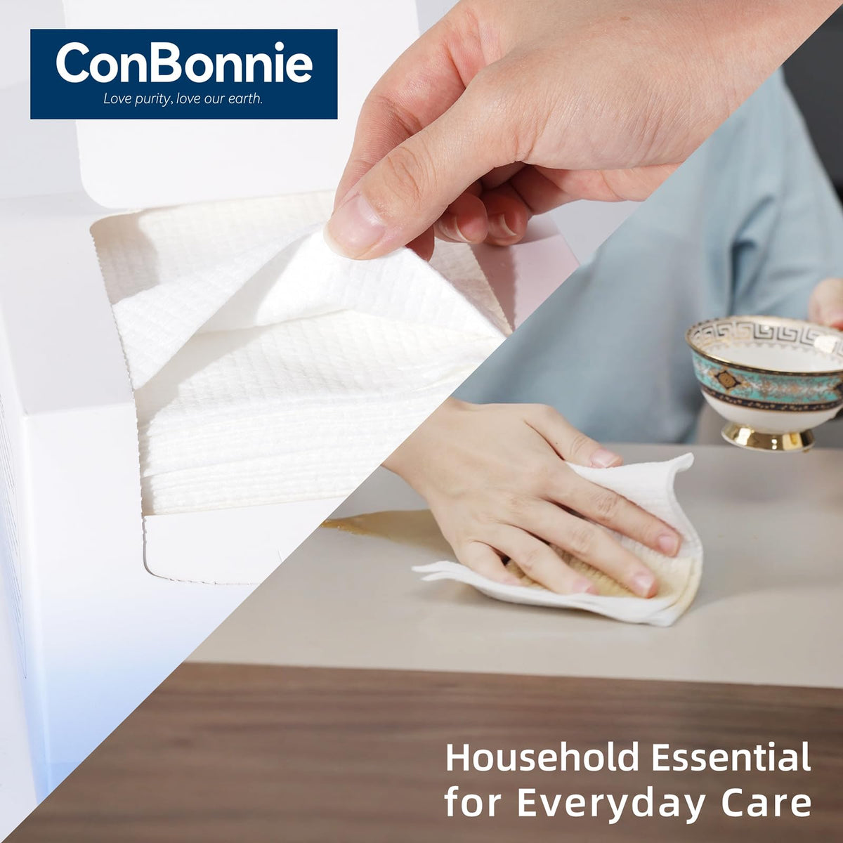 Conbonnie Clean Face Towels XL, Thickened Design, 10"×12" Biobased Facial Towels, Disposable Face Towelette, Makeup Remover Dry Wipes for Skin Care, Clean Skin, 200 Count (4 Pack)