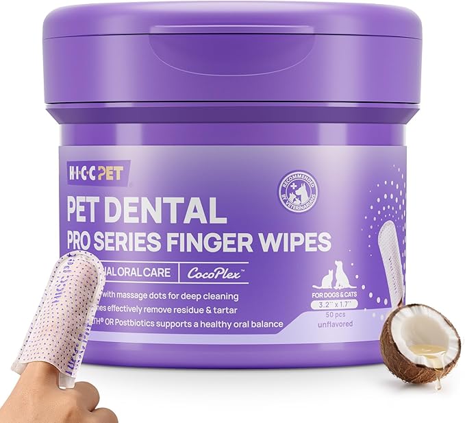 HICC PET Pro Dog Teeth Cleaning Wipes, Vet-Recommended Dental Care Wipes for Plaque & Fresh Breath, No-Rinse Dog Tooth Brushing Kit, Fresh Breath Oral Care, 50 Count, Unscented