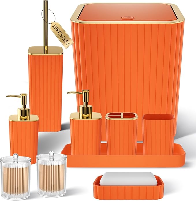 Bathroom Accessories Set - Gorgeous Bathroom Set, 10PC Orange Bathroom Accessory Set, Orange Bathroom Sets, Toilet Brush, Trash Can & Soap Dispenser