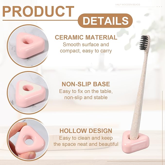uxcell 2 Pcs Mini Ceramics Toothbrush Holder Stands, Sleek Mini Countertop Toothbrush Triangle Shape Ceramic Holder Stand for Bathroom Vanity Countertops, Pink