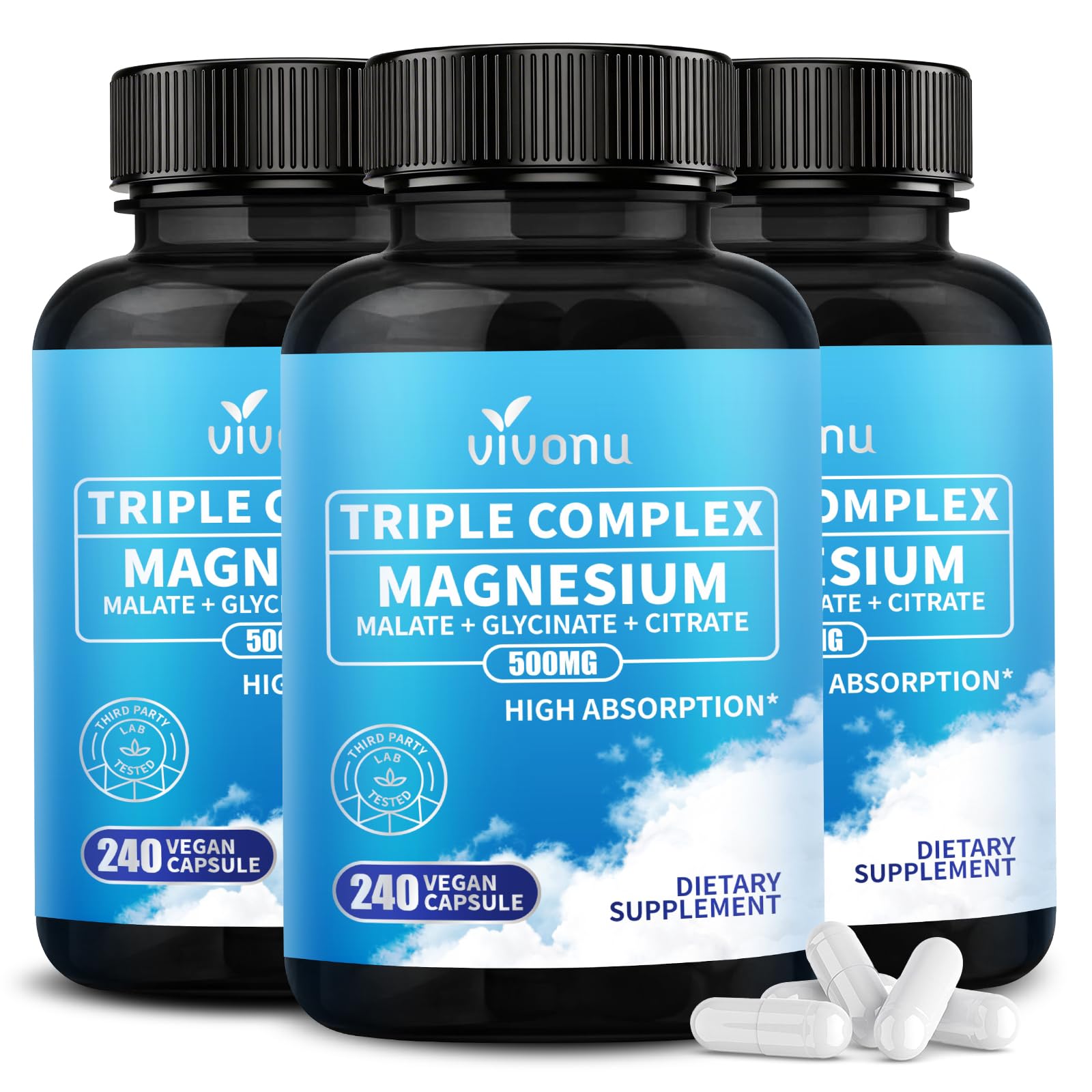 3 Pack Triple Magnesium Complex - Magnesium Glycinate 400mg, Malate, Citrate, High Absorption Chelated Magnesium Supplement