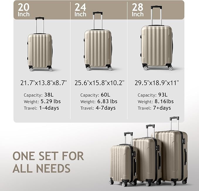 Karl home Luggage Sets 3 Piece, Hardside Carry on Suitcase Sets with Spinner Wheels & TSA lock, Portable Lightweight ABS Luggages for Travel, Business - Champagne, 20/24/28in