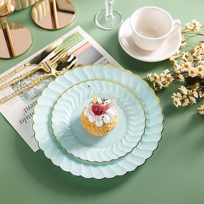 Lullaby 60PCS Sage Green Scalloped Plastic Plates with Gold Rim, Includes 30PCS Dinner Plate 10.25'' and 30 PCS Dessert Plate 7.5'', Green Disposable Plates for Party, Birthdays, Wedding and Daily Use