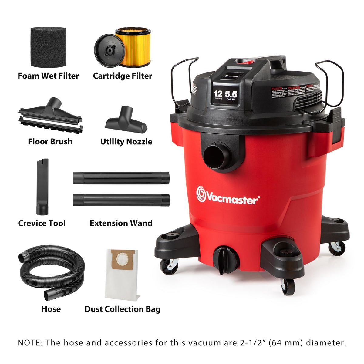 Vacmaster 12-Gallon 5.5 Peak HP Heavy-Duty Wet/Dry Vacuum - VJH1211PF 1101