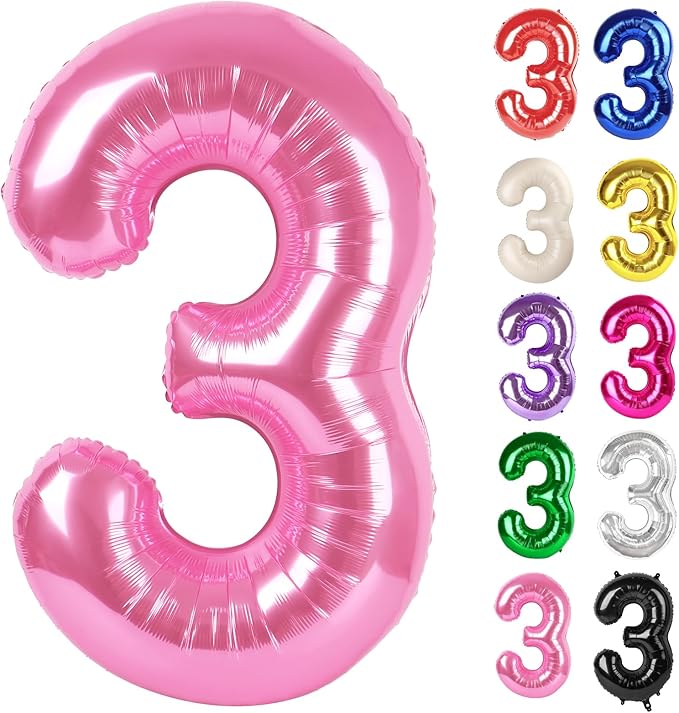 Pink Number 3 Balloon 40 Inch, 3 Balloon Number, 3rd Birthday Decorations, Pink Party Supplies for Boys Girls
