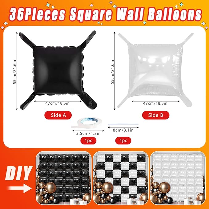 36 Piece XL Black Square Foil Balloon Wall Screen Double Sided Square Balloon Screen Tunnel Arch Kit Mylar Square Balloons For Baby Shower Graduation Prom Birthday Party Decorations (Black)