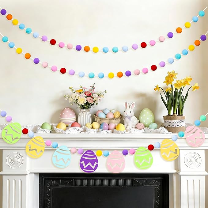 4 Pack Easter Bunny Eggs Pom Pom Garlands Decoration, Colorful Felt Rabbit Hanging Banner Decor Garland Ornaments for Easter Day Home Decor Outdoor Party Hanging Supplies