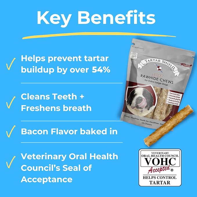 Tartar Shield Soft Rawhide Chews | Safe Dental Treats for Large Dogs | Vet VOHC Approved | Daily Bone Cleans Teeth & Gums Fresh Breath Oral Health Support | USA Made | (XL Dogs / 12 Count)