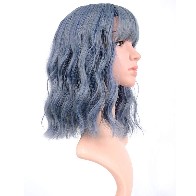 FAELBATY Blue Wigs With Air Bangs Shoulder Length Short Wave Wig For Women Curly Wavy Synthetic Cosplay Wig Blue Wig for Girl Halloween Costume Wigs (12" Dusky Blue Color)
