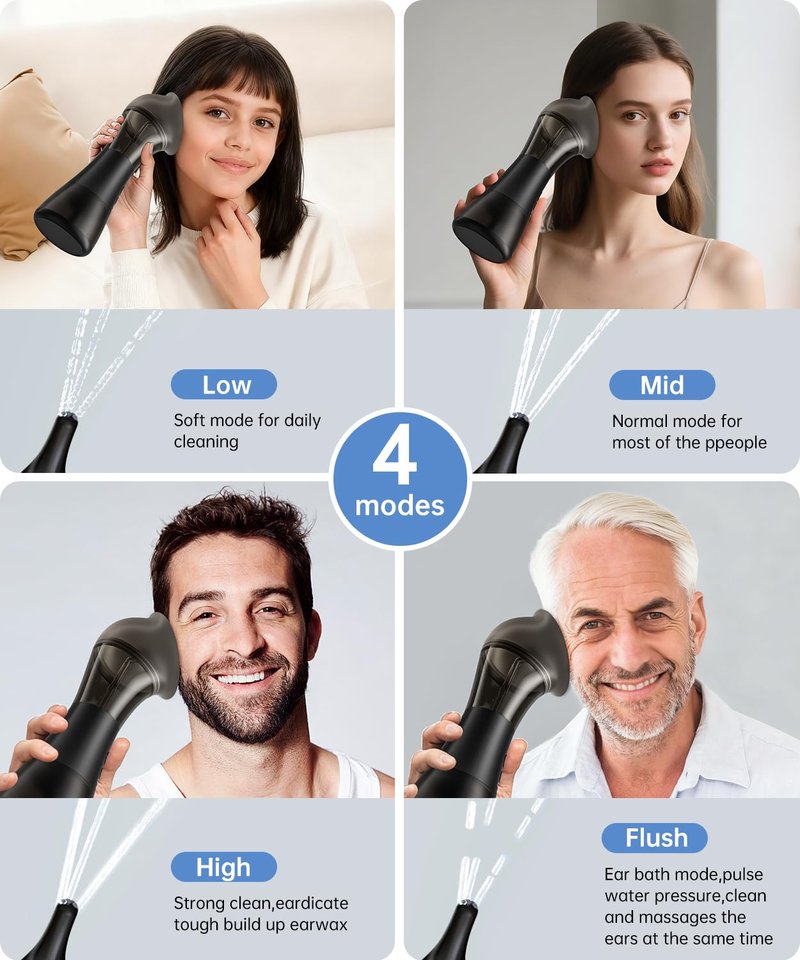 AMBIORA Ear Wax Removal with One-Piece Waste Tank, Ear Cleaner with Smart Temperature Sensor, Safe Silicone Edge, IPX7 & 6 Tips & 4 Modes, Christmas for Gifts for Dad Mom, Gifts for Men Women（Black）