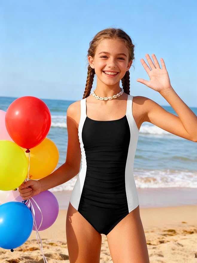 Girl Swimsuit One Piece Bathing Suit for Girls Solid Color Ruched Adjustable Straps Padded Swimwear 9-16y
