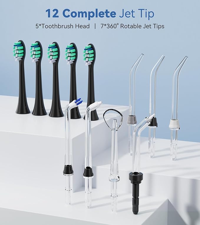 Water Flosser & Ultrasonic Electric Toothbrush Combo, 600ML Water Dental Flosser with 7 Jet Tips, 10 Adjustable Water Pressure, 5 Toothbrush Heads for Home Use, Gums, Braces (Black)