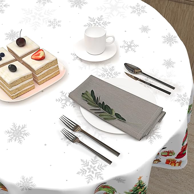 Christmas Snowflake Round Tablecloth White Tablecloth 70 Inch Xmas Snowman Pattern Circle Table Cloth Winter Holiday Table Cover Indoor Decor for Home Kitchen Dinning Party