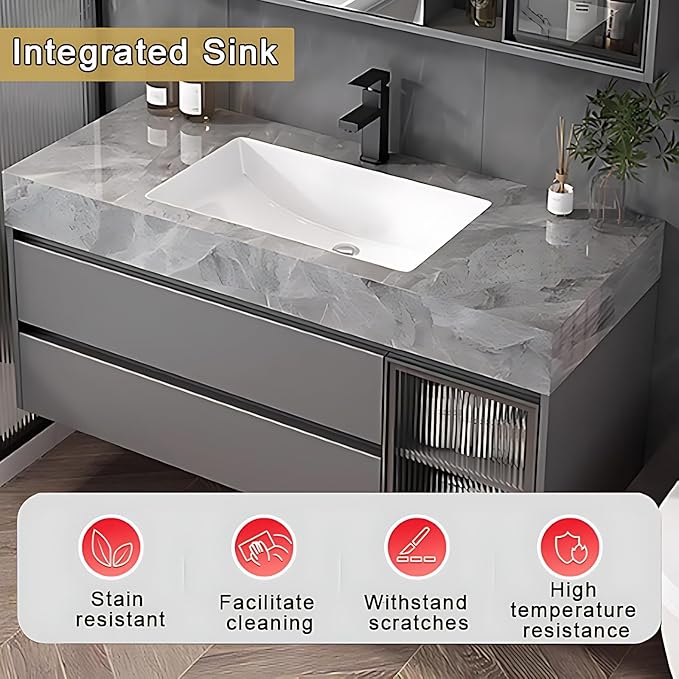 Gray 44IN Modern Bathroom Vanity - Wall-Mounted Bathroom Storage Cabinet & Bathroom Vanity with Sink, Bathroom Medicine Cabinet Wall Mounted, Defogging & Led Lighting | Bathroom Cabinet Slim