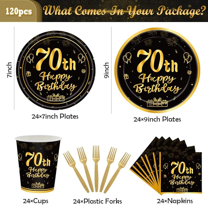 120Pcs 70th Birthday Party Supplies Plates Napkins Cups Forks Tableware Set Gold Black Happy 70th Birthday Themed Disposable Tableware Decoration Serves 24 Guests for Women and Men