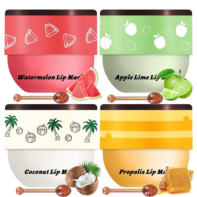 4 PCS Bee Lip Balm - Honey Watermelon Apple Coconut Lip Balm Sleeping Lip Mask Overnight with Sticks, Lip Exfoliating, Prevents Dry & Crack