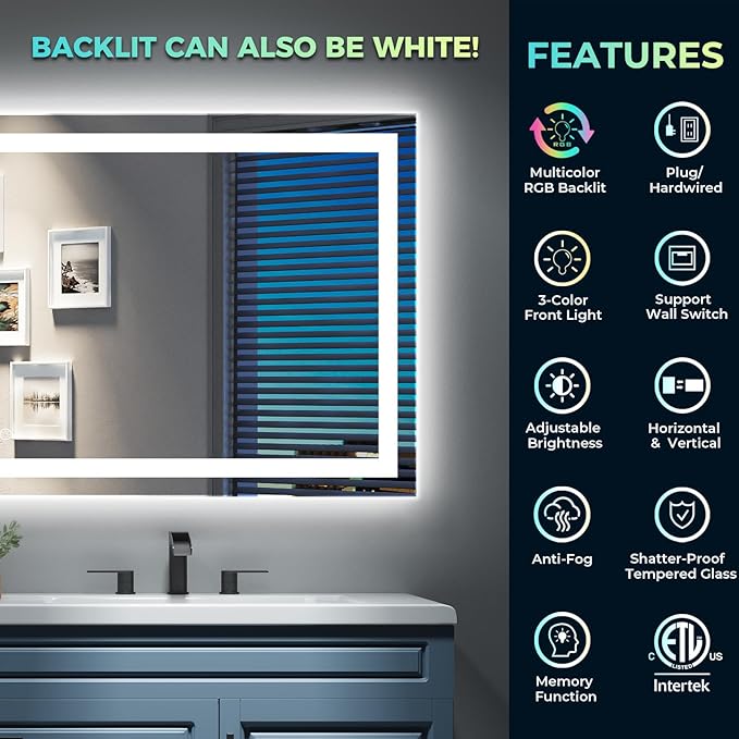 40x32 Inch RGB LED Bathroom Mirror Front Light and RGB Backlit Lighted Vanity Mirror for Bathroom Wall Mounted Dimmable Anti Fog Memory Shatter-Proof IP54 Waterproof Horizontal/Vertical