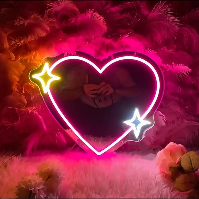LED Mirror Neon Lights Light Up Dressing Mirror Cat/Shine Heart/Bat/Butterfly Shape Neon Mirror Sign for Modern Home Girl Room Bathroom Salon Wall Art Decor Gift For Girlfriend USB Powered