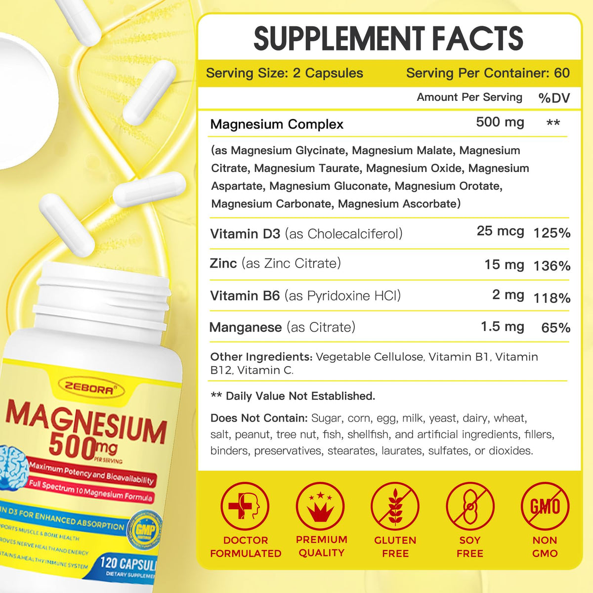 ZEBORA 10-in-1 Magnesium Complex Supplement, Magnesium Glycinate 500mg with Citrate & Malate, Chelated High Absorption Plus Vitamin D3 & Zinc - for Nerve, Muscle & Bone Support - 120 Capsules