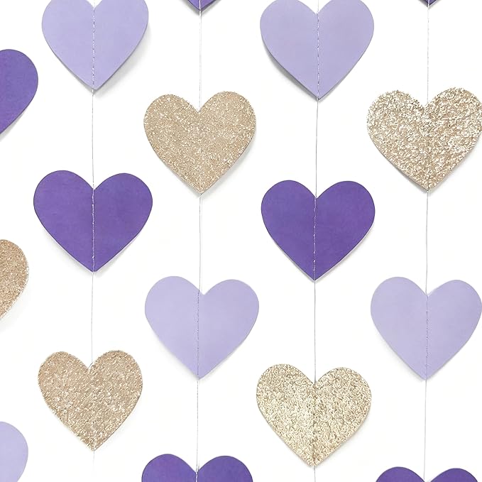 Champagne Gold Purple Heart Party Decorations Glitter Paper Love Heart Hanging Garland Banner Streamer for Valentines Day Birthday Baby Shower Wedding Anniversary Lilac Violet Lavender Themed Party