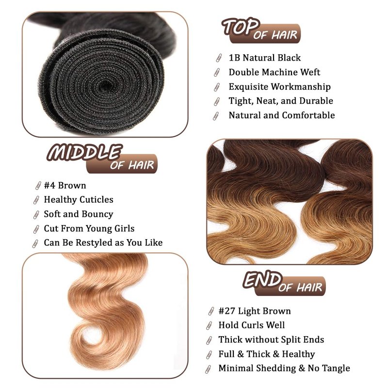 100% Unprocessed Virgin Ombre Human Hair Bundles T1b/4/27 Three Tone Body Wave Bundles 12A Raw Human Hair One Bundle 14 Inch Ombre Blonde Wavy Bundles Quick Weave Hair Extensions with Thick Ends