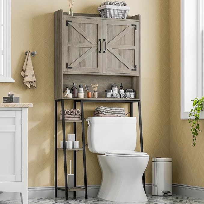 Vabches Over The Toilet Storage Cabinet, Farmhouse Storage Cabinet Over Toilet with 2 Barn Door & Toilet Paper Holder Stand，Home Space-Saving Toilet Rack, for Bathroom, Restroom, Laundry
