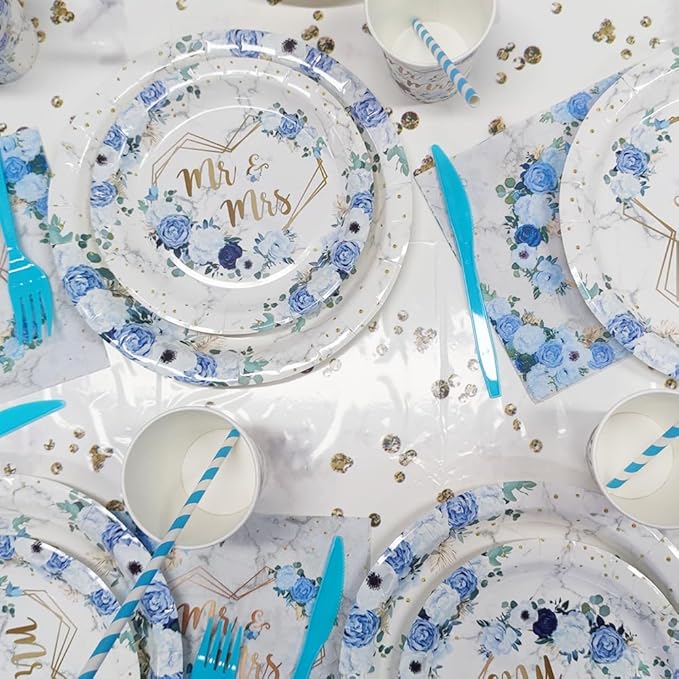 MEHOFOND 169 pcs Blue Wedding Decorations, Mr and Mrs Wedding Disposable Dinnerware, Floral Printed Bridal Shower Plates and Napkins Sets, Paper Plates Cups Party Supplies, Serve 24 Guests