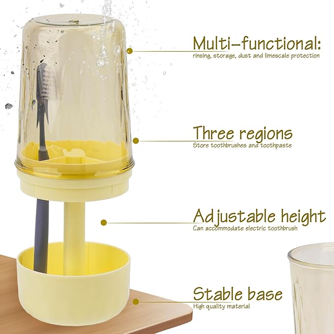 Toothbrush Holder Stand with Cup/Cover, Adjustable Height Toothbrush Organizer with 3 Slots, Portable for Bathroom, Travel, Camping (Yellow)