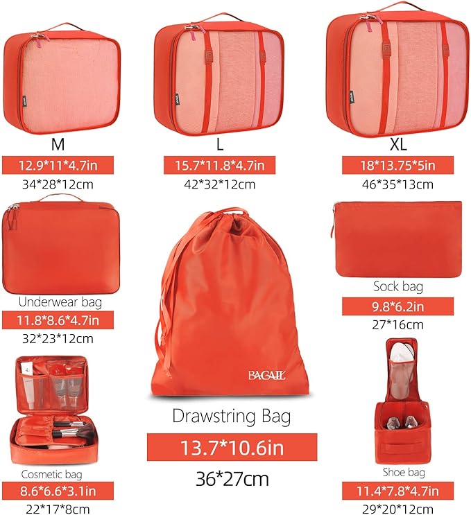 BAGAIL 8 Set Packing Cubes Luggage Packing Organizers for Travel Accessories-Orange