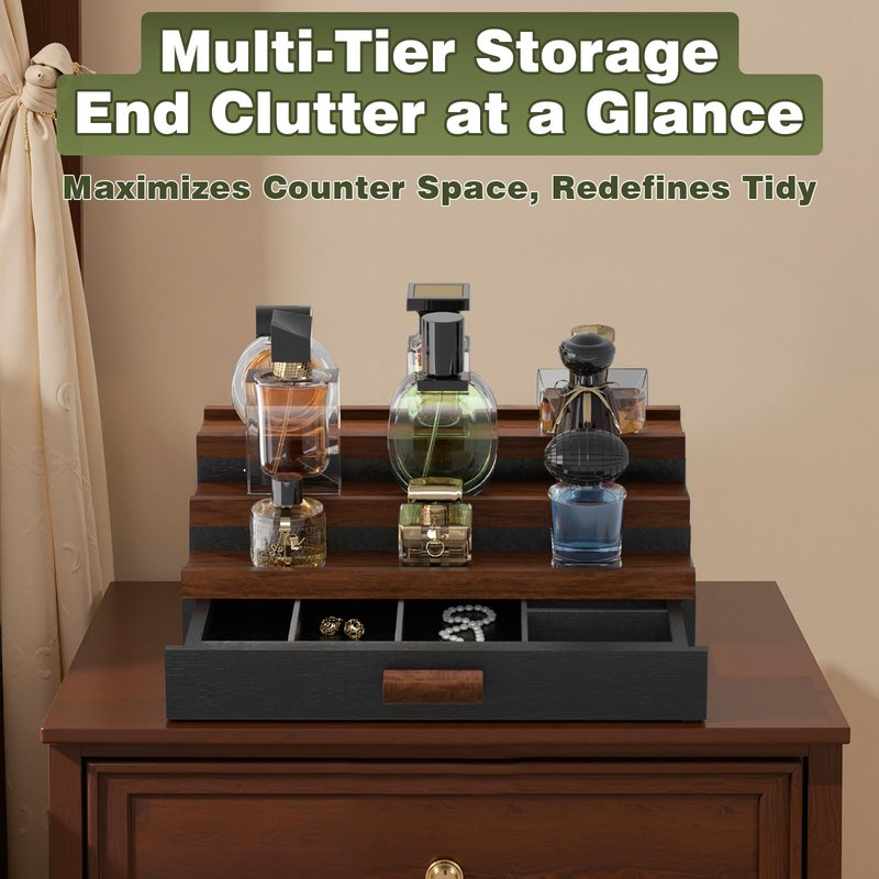TIRYIUOU Perfume Cologne Organizer for Men: 3 Tier Wooden Perfumes Stand, Desktop Parfum Holder Wood Display Shelf with Cabinet, Bedroom Dresser Makeup Lotion Jewelry Storage Rack with Drawer