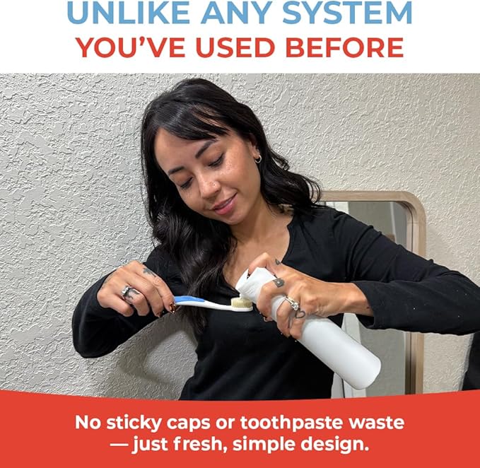 SqueezMe EasyPump Toothpaste Dispenser System - No-Mess Toothpaste Dispenser for Kids, Adults, Families - Hygienic Design & Easy One-Hand Use - Organizers & Accessories for Bathroom - Universal Fit