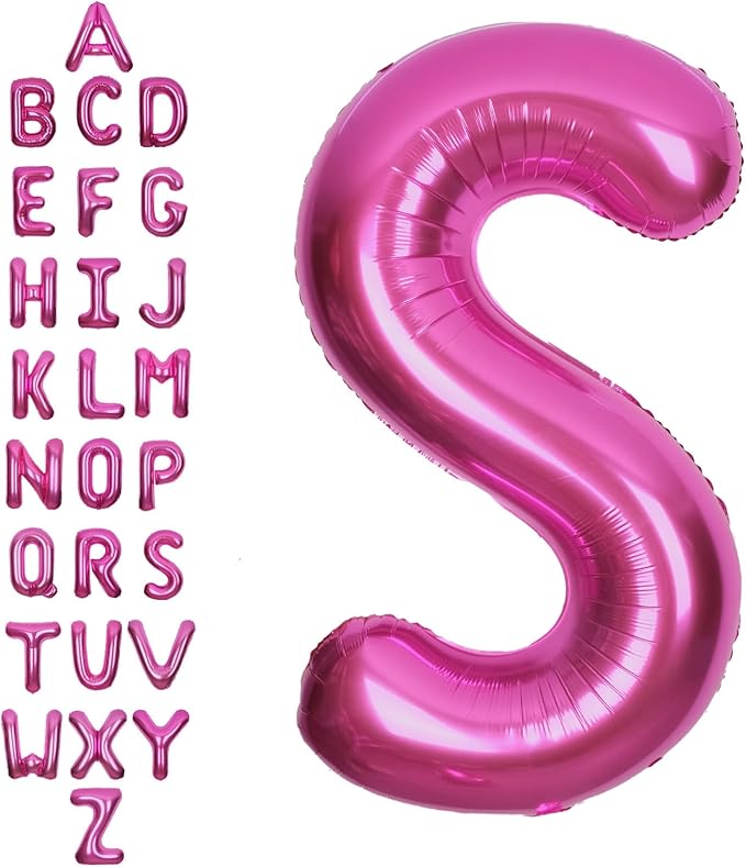 SUWEN 40 Inch Hot Pink Large S Letter Balloons Big Foil Helium Letter Balloons A-Z Jumbo Mylar Happy Birthday Party Decorations for Woman Anniversary Party Supplies