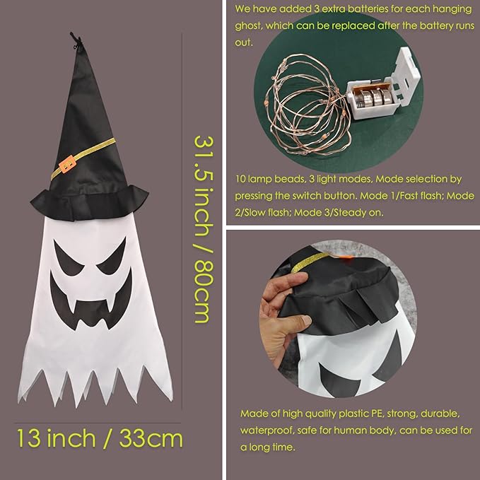 Halloween Decorations Outdoor 3Pcs Large Size Hanging Lighted Glowing Ghost Witch Hat Decor with Lights String for Party Indoor Outside Ornaments and Yard Tree Garden