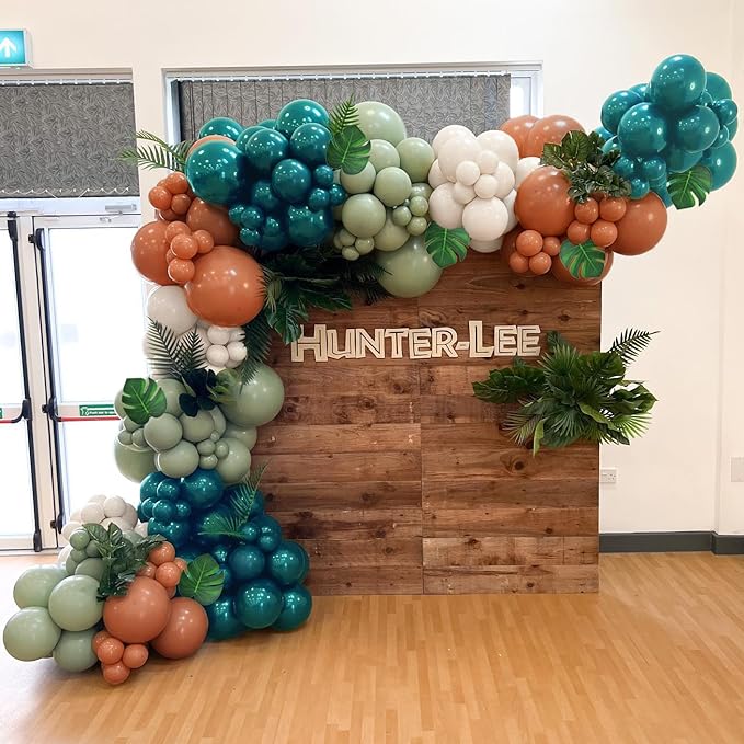137Pcs Dinosaur Balloon Arch Garland Kit, Jurassic Themed Birthday Decorations with Green Blue Brown White Balloons, for Jungle Theme Party, Dino Balloon for Kids