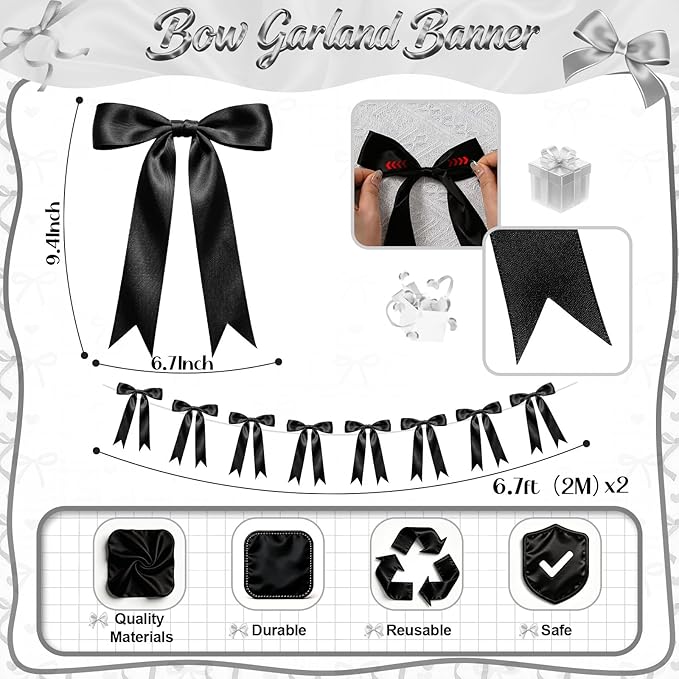 2 Strings Black Bow Garland Banner Decorations, 16Pcs Pre-Strung Satin Ribbon with 6.7ft Chain for Women Ribbon Bow Banner Coquette Room 30th Birthday Bridal Shower Wedding Bachelorette Party Decor
