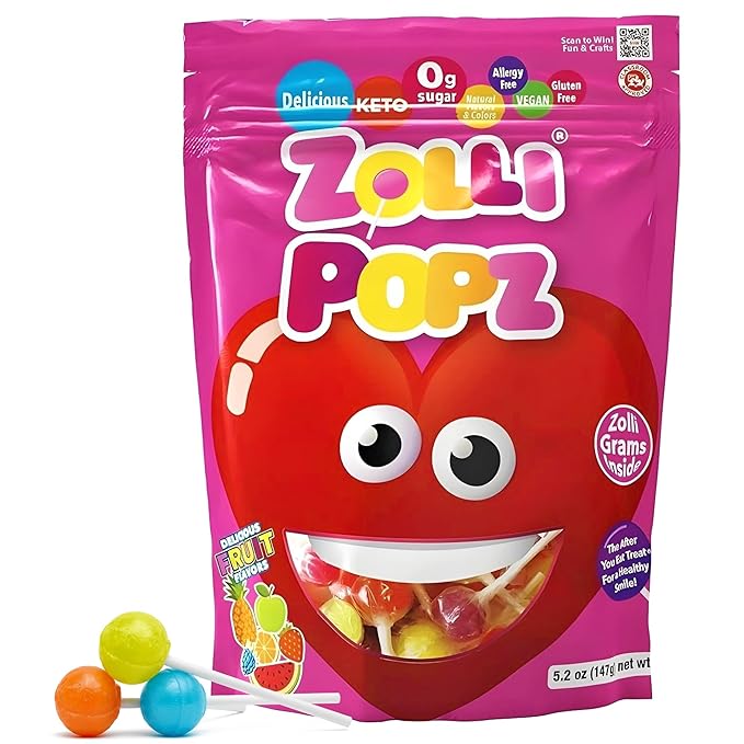 Zollipops - Valentines Pack - Clean Teeth Pops Sugar Free Candy with Xylitol, Dye-Free Lollipops - Keto & Diabetic-Friendly, Dentist-Approved Treats for Kids (Natural Fruit Flavors, 5.2 oz, Heart Shape)
