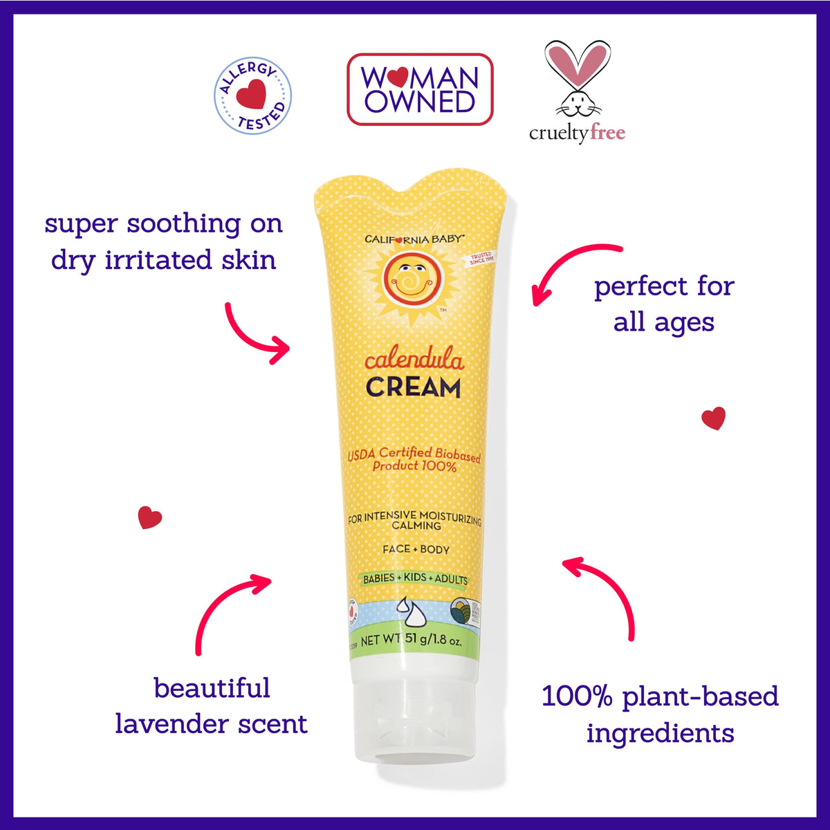 California Baby Calendula Cream | 100% Plant-Based Moisturizer | Lavender Baby Lotion | Face Moisturizer For Dry Skin | Hypoallergenic | 1.8 oz / 51g