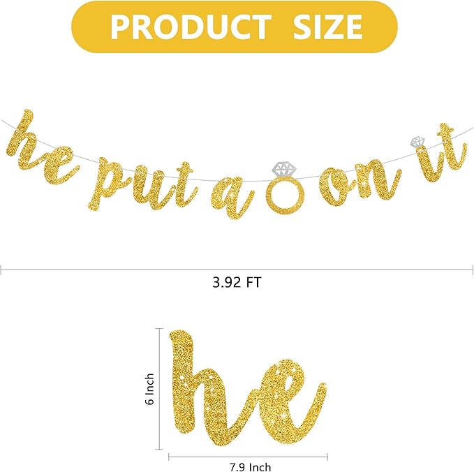 Glitter Gold He Put A Ring On It Banner Pre-Strung Engagement Decorations Bridal Wedding Party Backdrop Sign Garland Bachelorette Party Supplies,NO DIY