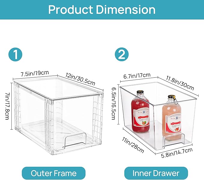 Vtopmart 4Pack Large Stackable Kitchen Pantry Storage Drawers, Clear Organizer Bins with Handles, Acrylic Drawer Organizers for Kitchen Pantry, Bathroom Undersink, Cabinet Organization and Storage