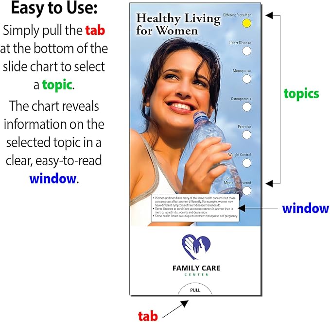 ZOCO - Healthy Living for Women Slide Chart - Custom Promotional Item (Pack of 250) - Menopause, Pregnancy, Osteoporosis, Weight Control Guide - Doctor’s Office, Clinics Handout - 3.75 x 8.5 in.