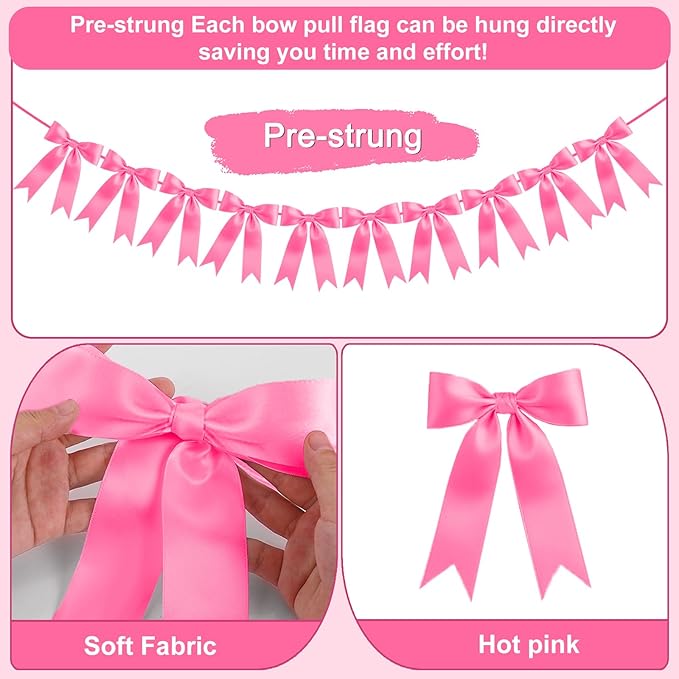 Hot Pink Bow Garland Bow Banner Bow Party Decorations Pre-Strung Large Coquette Satin Ribbon for Birthday Bachelorette Party Bridal Shower Wedding Engagement Baby Shower