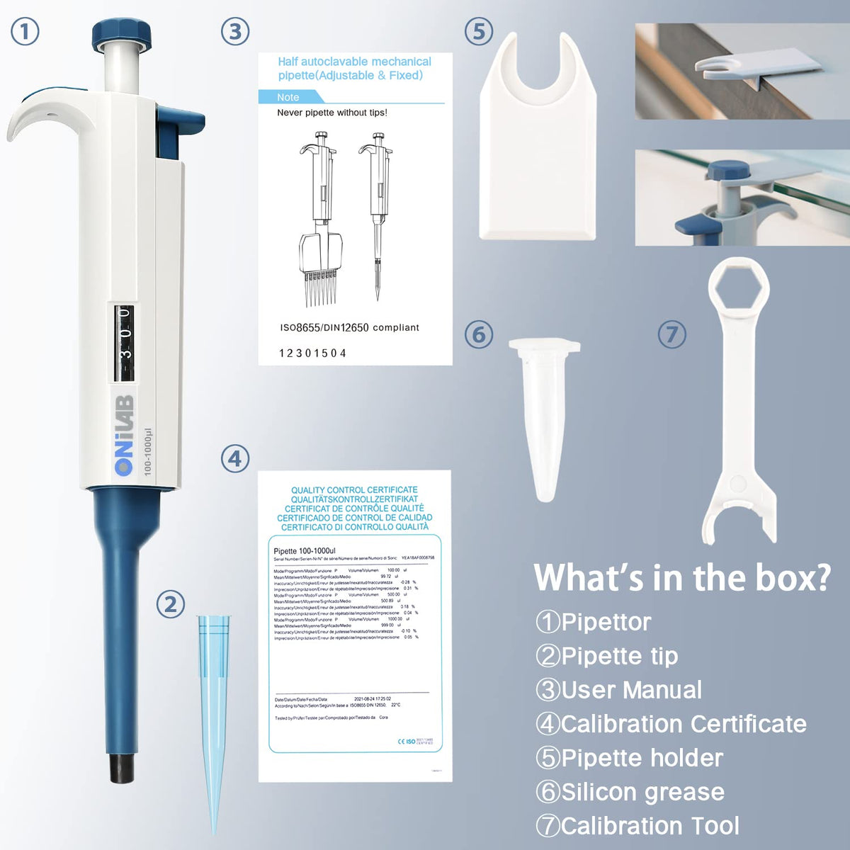 ONiLAB 10-100ul Single-Channel Manual Adjustable Variable Volume Pipettes, Autoclavable pipettor, 7010101008