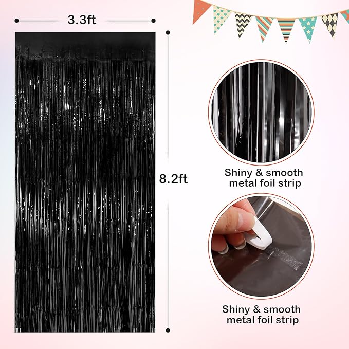 Black Metallic Tinsel Foil Fringe Curtains, 4 Pack 3.3x8.3 Feet Party Streamer Curtains for Birthday Party Decorations, Halloween Decor, Foil Curtain Backdrop for Bachelorette Party