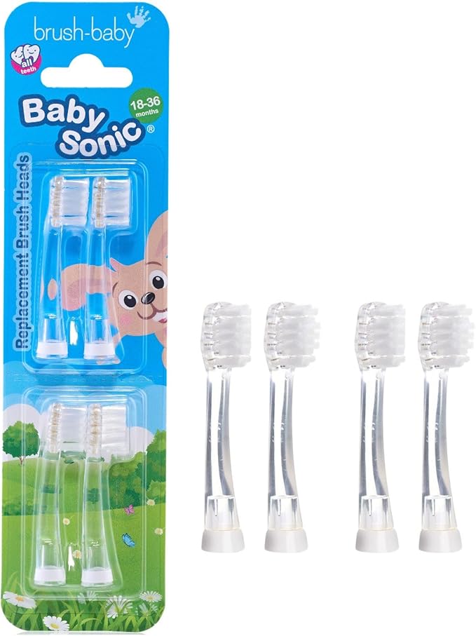 Brush-Baby - Replacement Heads for BabySonic Electric Toothbrush, 18-36 Months - Soft, Gentle Brush Heads for Baby Teeth & Gums - Toddler Toothbrush Head, BPA-Free, Toddler Oral Care - 4 Pack